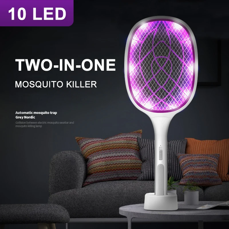 

2-in-1 Summer Anti-Mosquito Lamp, USB Rechargeable Electric Fly Swatter, Insect Trap, 10 LED, 3000V