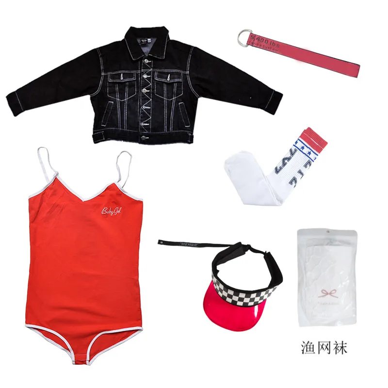 black set Детская одежда в стиле хип-хоп для девочек; красный комбинезон; джинсовая куртка; одежда для сцены; костюмы для джазовых танцев; одежда для выступлений в уличном стиле; DQS2693 - Цвет: black set