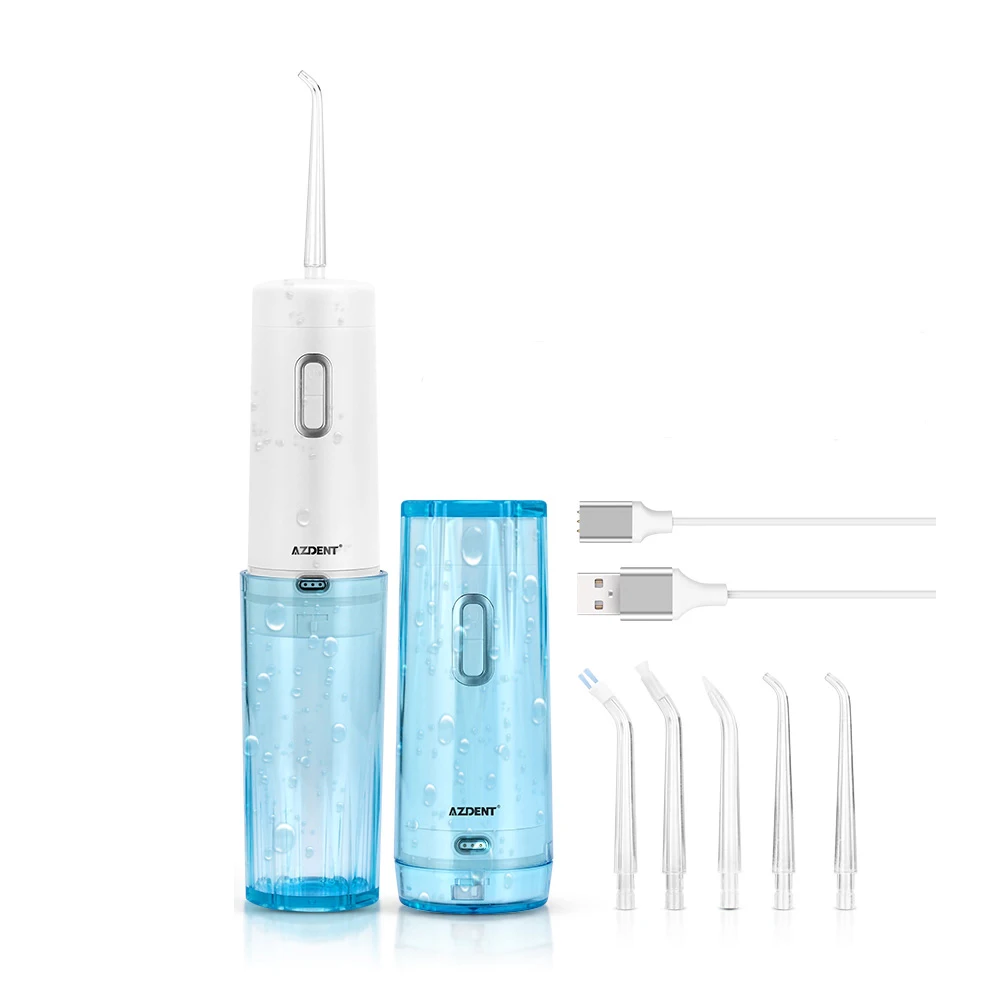 Blue Портативный складной ирригатор для полости рта AZ-008 Pro, 4 режима, зубная нить, USB перезаряжаемая струя воды, водонепроницаемая нить 210 мл+ 5 струйных наконечников - Цвет: Blue