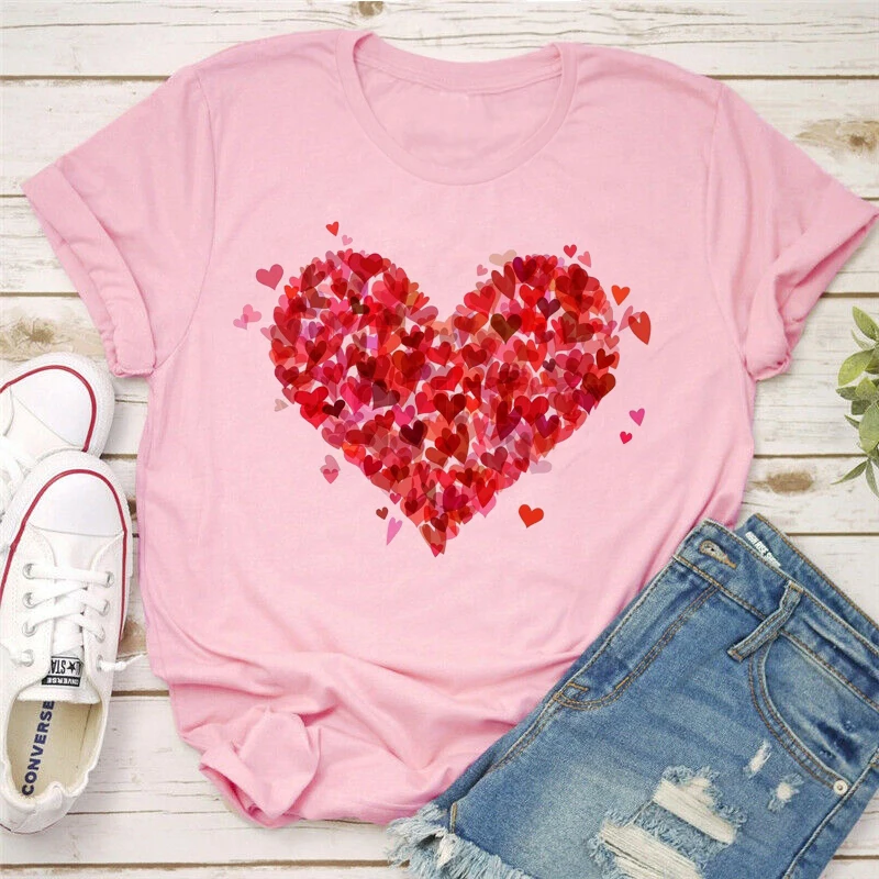 

Футболка женская летняя повседневная с коротким рукавом и принтом в виде сердца
