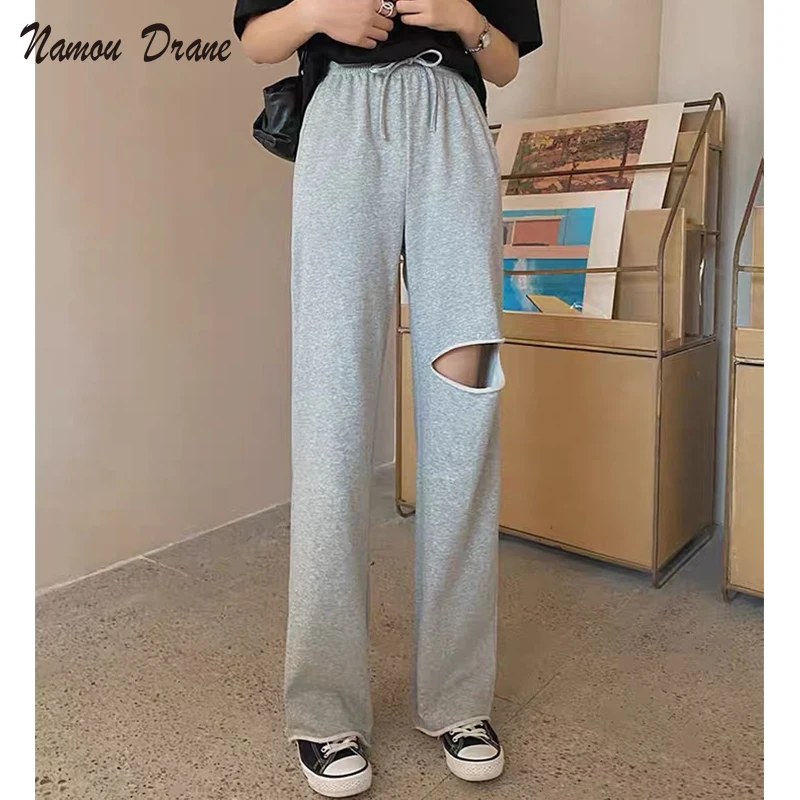 

Ripped Sweat Pants Women High Waist Elastic Gray Black Hole Sweatpants Female Loose Streetwear Chic Trousers 2021 Summer