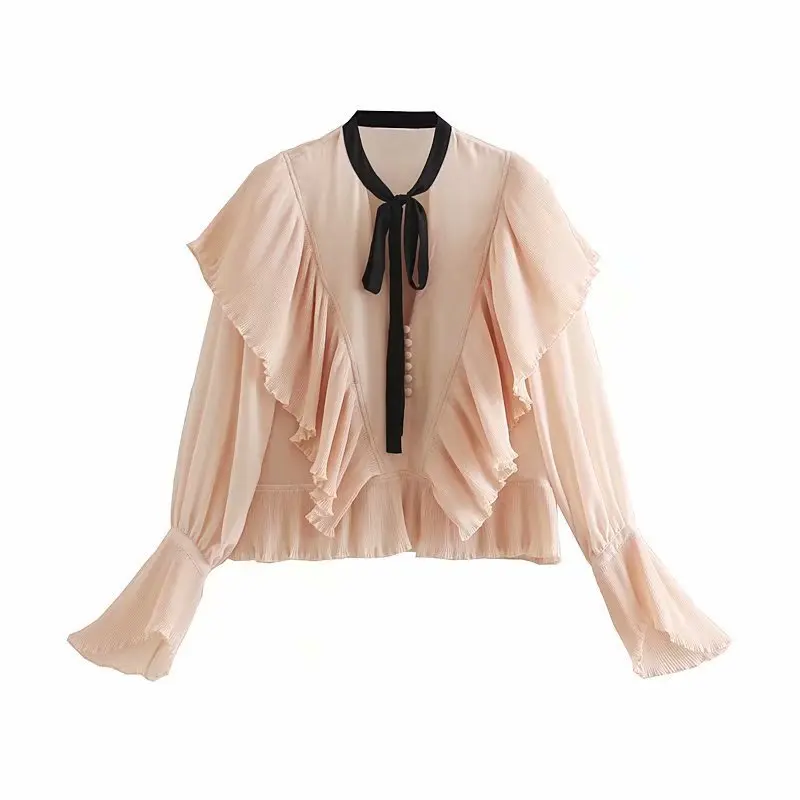 Элегантная Прозрачная женская блузка с V образным вырезом и оборками шифоновая