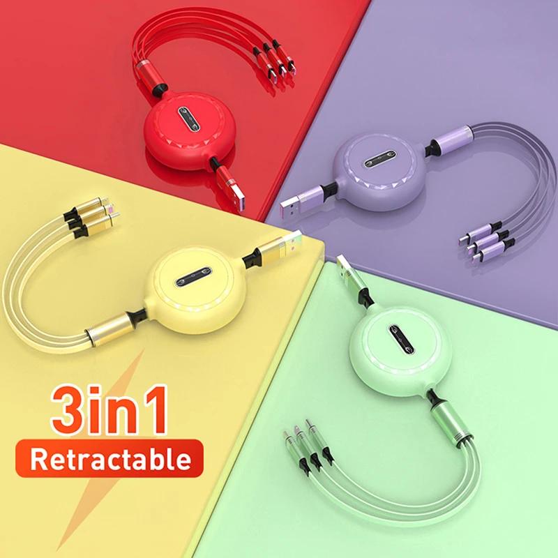 

1pc 3 In 1 Retractable USB Cable For Fast Charging Type C Cable Phone Charger Data Cable Fast Charging Cable 1.2m Adaptateur