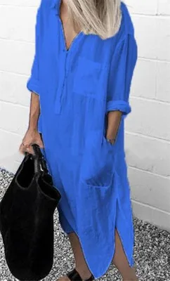 

Woman's Lapel Long Sleeve Spring Dress Cotton Split Dresses Elegant Solid Work Office Vestidos Female Tunic Robe Plus Size 5XL