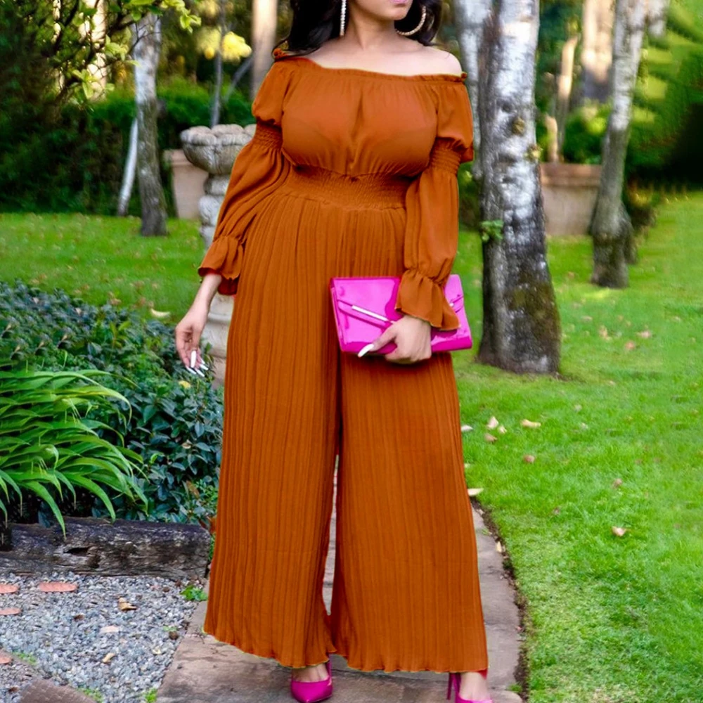 

Sexy Fashion Pleated Jumpsuit Dashiki African Off The Shoulder Long Sleeve Slim Solid Color Women Autumn New Beachwear Africa