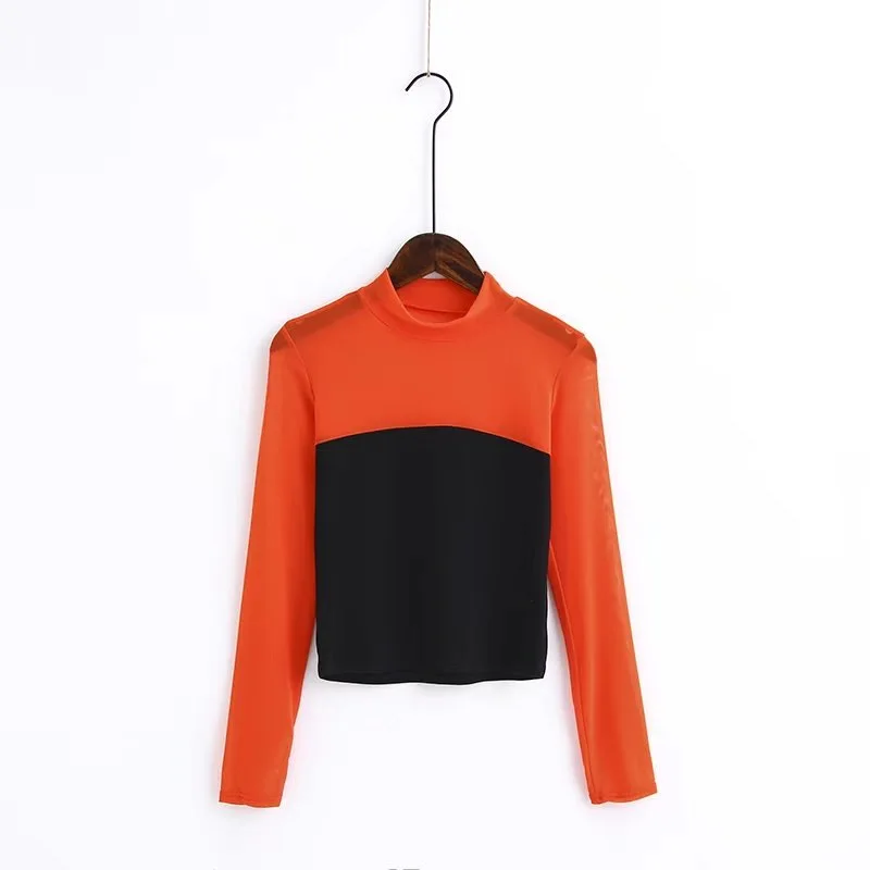 

Korean Kpop Tumblr Spring Selling New Perspective Net Yarn Mixed Color Long-sleeved High Waist Lu Na T-shirt Female Slim Sexy