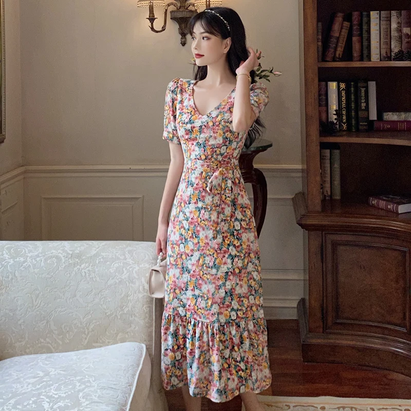 First love floral skirt long closed waist cultivate one's morality show thin chiffon v-neck fairy summer dress | Женская одежда