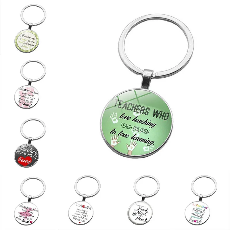 

Round Keychain Glass Pattern Letters Thank You Teacher Key Ring Teacher'S Day Gift Time Gems Glass Keychain