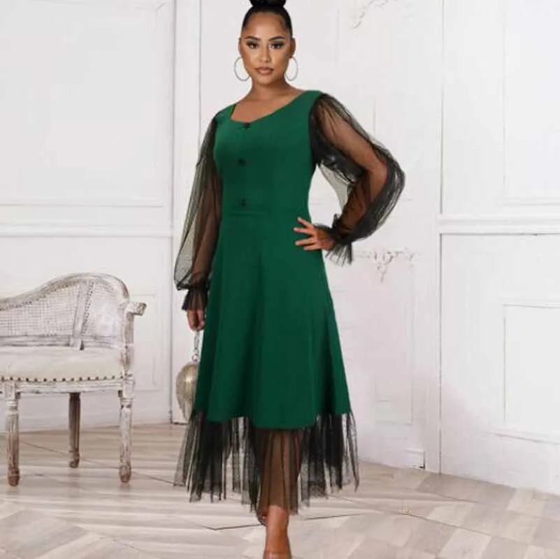 

Cultiseed Women V-neck Stitching Perspective Mesh Lantern Sleeve Banquet Dinner Party Dress Female Vintage Elegant Dresses Gowns