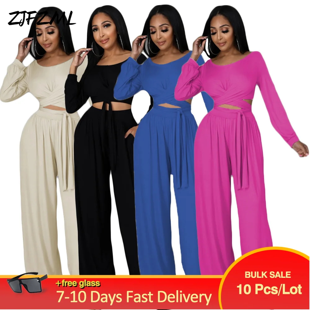 

Wholesale Bulk Items Lots Fashion Women's 2 Piece Pant Suits Fall Clothing Full Sleeve Slim Crop Top+loose Boot Cut Leggings