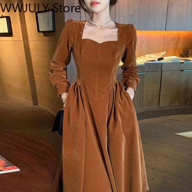 Женское бархатное платье средней длины элегантное черное винтажное для офиса