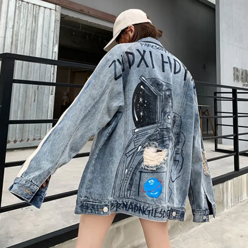 

Женская джинсовая куртка с принтом, ковбойская куртка большого размера с ручной росписью в уличном стиле, шикарный топ для пар, весна 2022