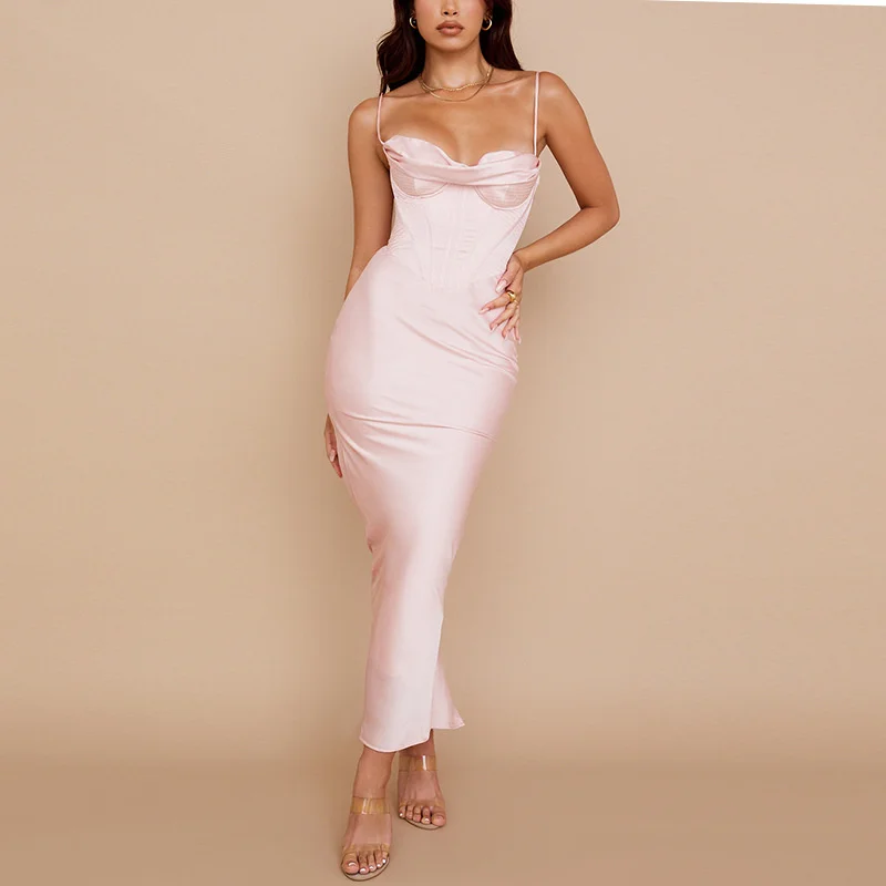 

Summer Satin Maxi Bodycon Dress Women Party Dress 2021 New Arrivals Pink Fishbone Dress Celebrity Evening Club Night Dresses