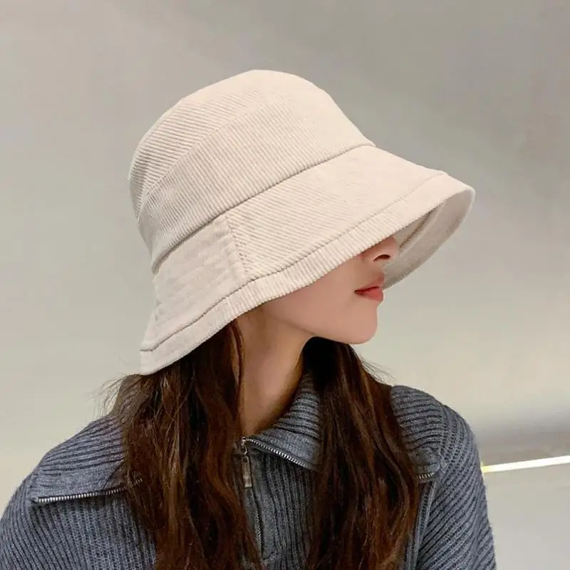 

YQYXCY Bucket Hat Women Autumn Winter Beanie Fisherman Cap Corduroy Ear Protection Windproof Sunshade Korean Hat Female Solid