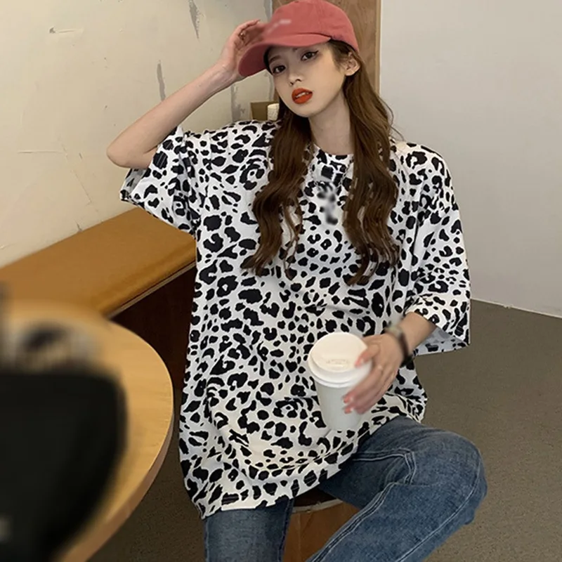 

Leopard Print Short Sleeve T-shirt Women Loose Summer Bottoming Harajuku Style Casual Top New Style