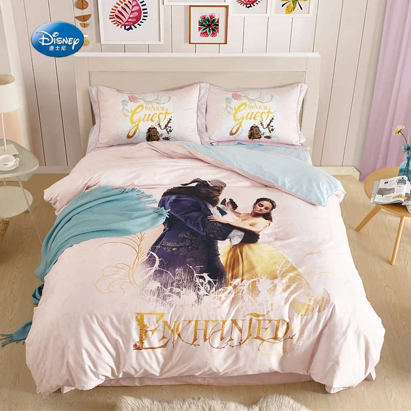 Disney Hit Movie Beauty and The Beast Cartoon 3D-printed Bedding Girl Bedroom Decoration Duvet Quilt Cover Pillowcase Pink