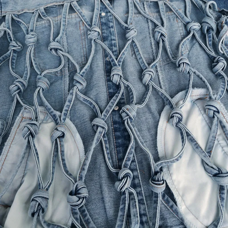 

Korean Weave Tassel Denim Jacket Women Lapel Long Sleeve Button Hollow Out Backless Basic coat Female Denim coat Outerwear