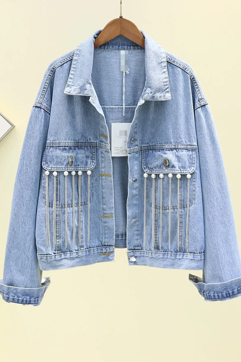 Женское джинсовое пальто свободное короткое в ковбойском стиле с бусинами и