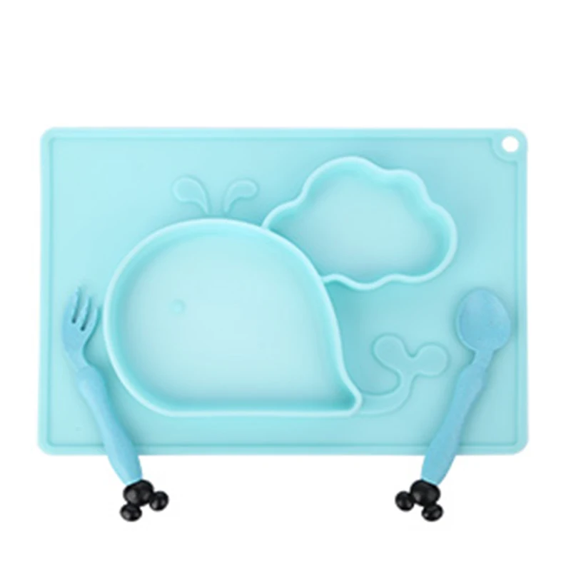 Whale Blue 3 шт. детская силиконовая обеденная тарелка, ложка, набор для кормления детей, вилка Кита, посуда против падения, мультяшная миска для малышей, краб, детская посуда - Цвет: Whale Blue