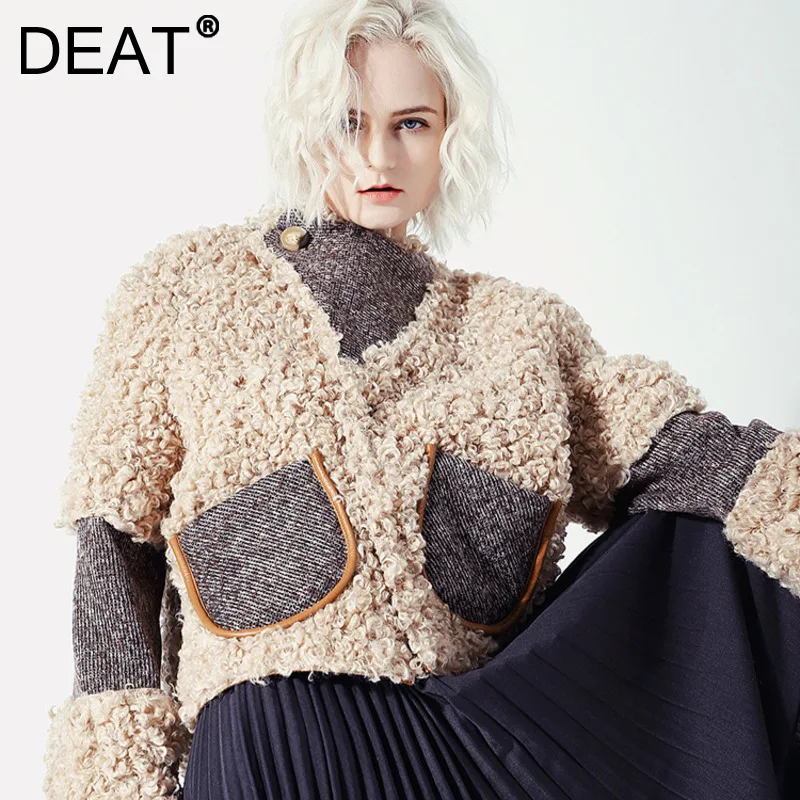 

Женское шерстяное пальто DEAT, корейское пальто составного кроя с круглым вырезом и карманами из искусственного меха, модель 7I3169 на зиму, 2021