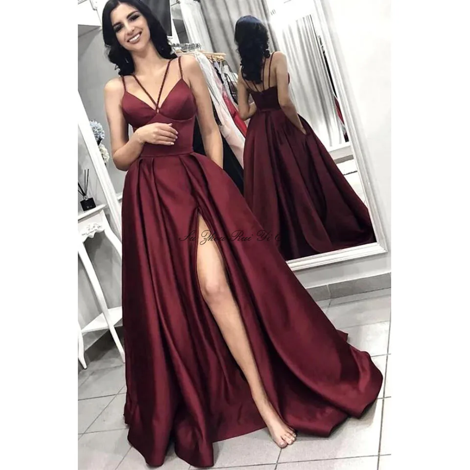 

Elegant Burgundy Evening Dress Party Sweetheart Long Party Dress With High Side Slit Gowns With Pockets Vestidos De Fiesta