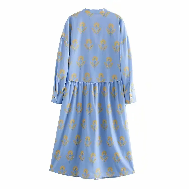 Женское платье-рубашка с длинным рукавом синее свободное платье цветочным