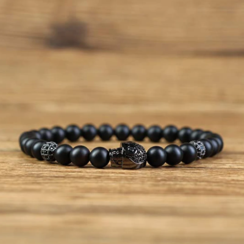 

Punk High Quality Men Bracelets Set Skull Micro-inlaid Zircon CZ Ball Beaded Bracelets Natural Matte Obsidian Fashion Jewelry