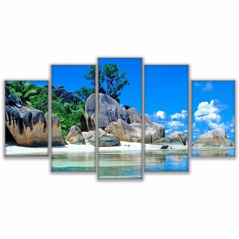 

5 Pieces Tropical Island Paradise Beach Printed Canvas Living Room Wall Art Framework Posters Home Poster Modular