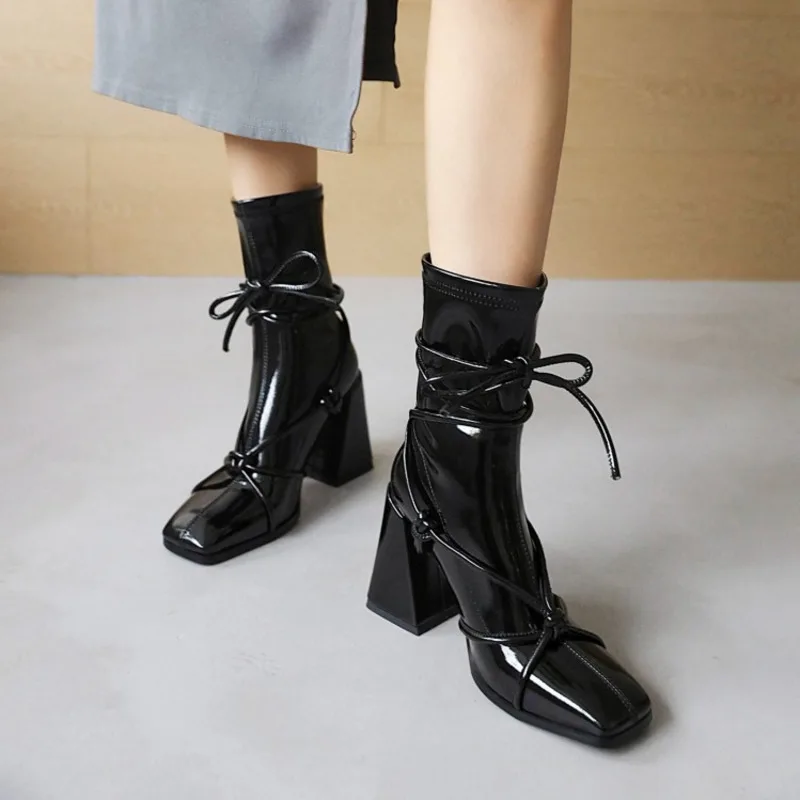 

Black High Heels Ankle Boots For Women Autumn Winter Cross Tied Punk Lace Up Boots Retro Party Shoes Boties Femme Botines Mujer