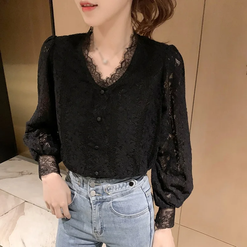 Женское милое кружевное шифоновая блузка в Корейском стиле Модная рубашка с