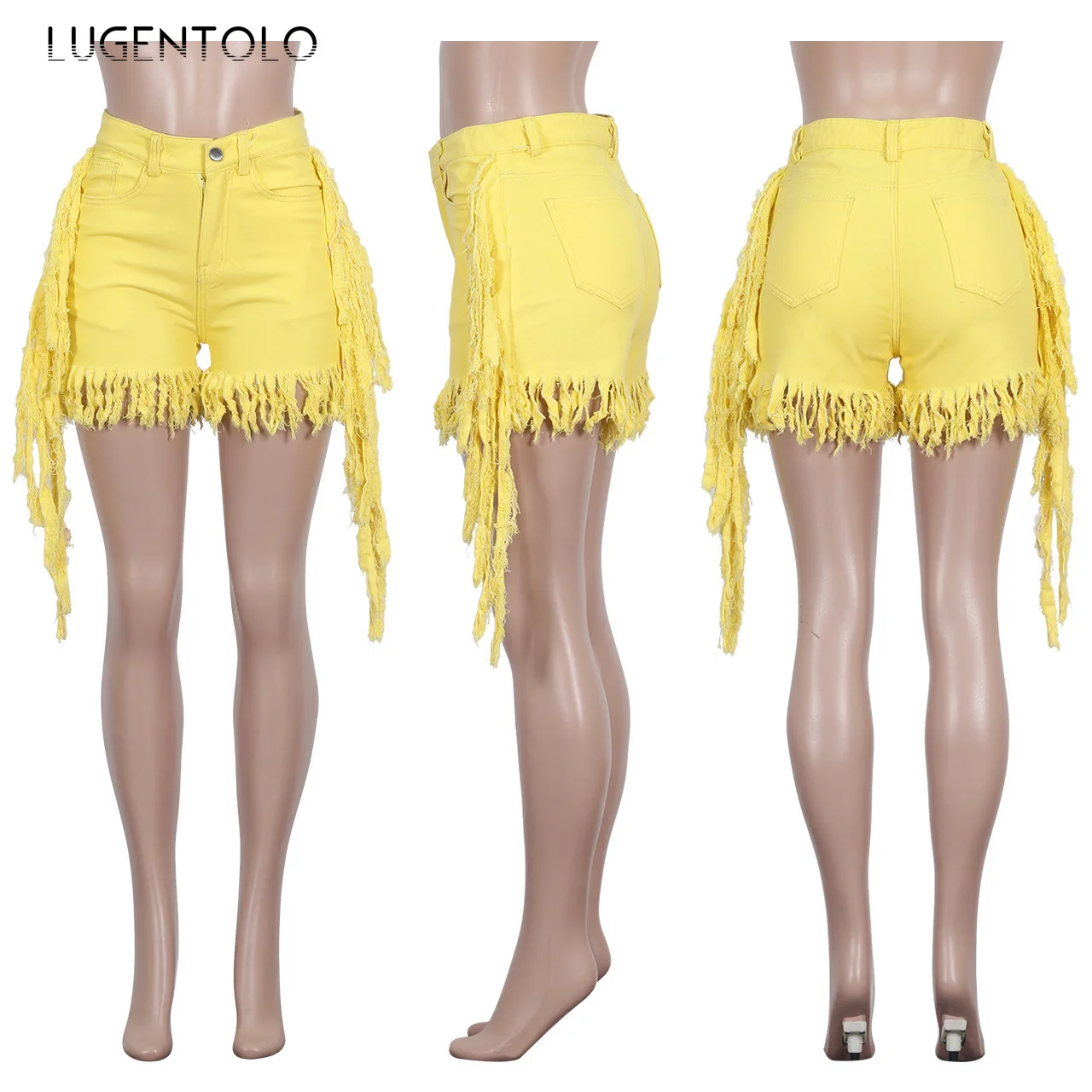 

Women's Tassled Jeans Casual Summer Fashion Straight Short Solid Pocket Street Trend Female Jeans Lugentolo