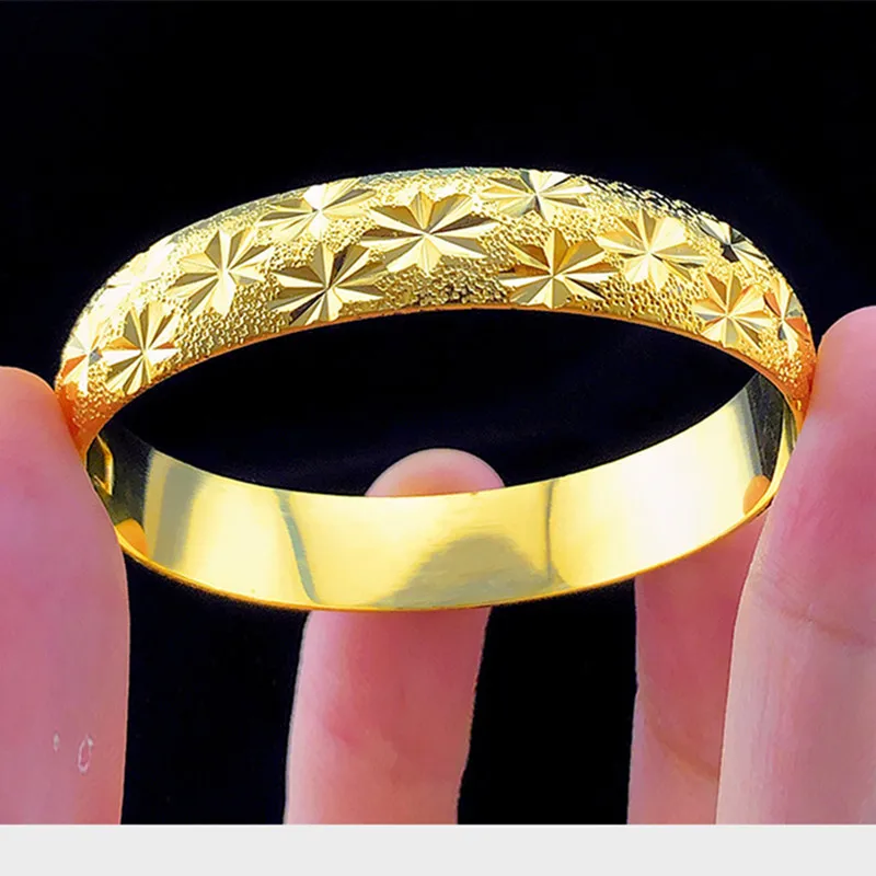 

18K Gold Women's Wedding Bangles Carved Stars Slidable Bracelet Exquisite Dragon Patterned Bracelet Jewelry Gifts
