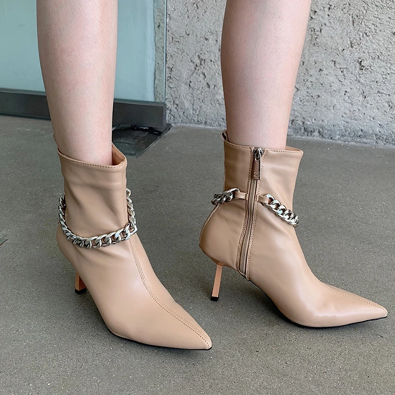 

Autumn Ankle Boots Women Winter Shoes Thin Heel Female Chain Strap Booties Pointed Toe Fashion Stretch Bootee 2022 Hotsale