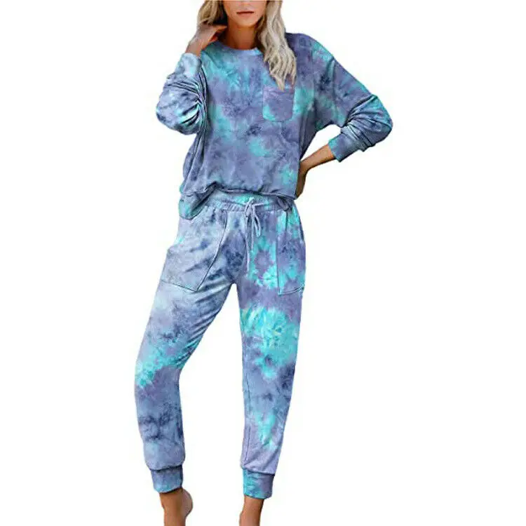 

Women Fashion Tie-dye Long Sleeve T-shirt Tops Trousers Nightwear Loungewear Set