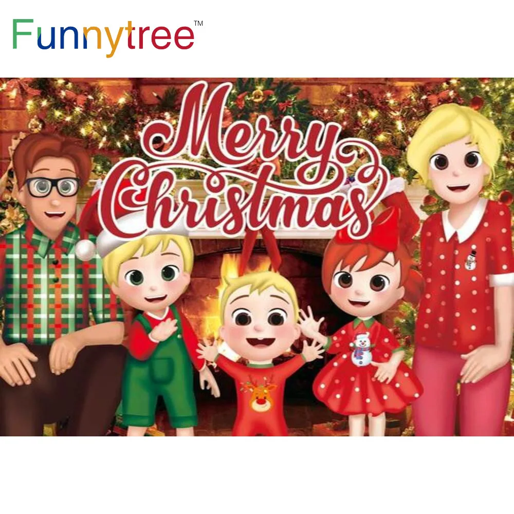 

Funnytree Merry Christmas Cartoon Backdrop Kids Christmas Tree Bell Birthday Baby Shower Party Supplies Decor Banner Photo Props