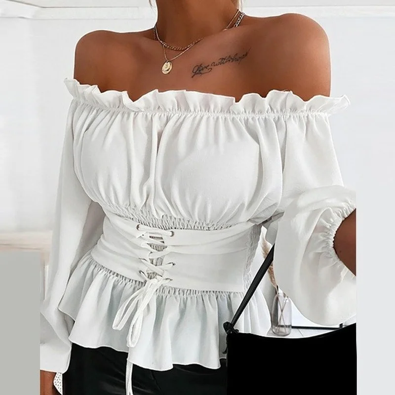 

Women Spring Shirt Ruffled Lace collar neckline Waist Strap Chiffon Blouse Off-Shoulder Long Puff Sleeve Sweet Tops Plus Size