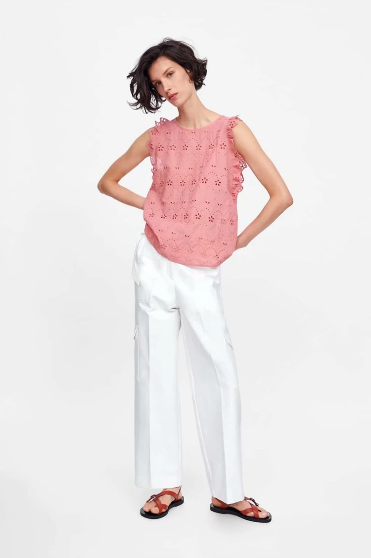 

OLOMM Summer Women Mesh Blouse O-Neck Sleeveless Ruffles Elegant Shirt Fashion Casual Vintage Hollow Embroidery Top for Female