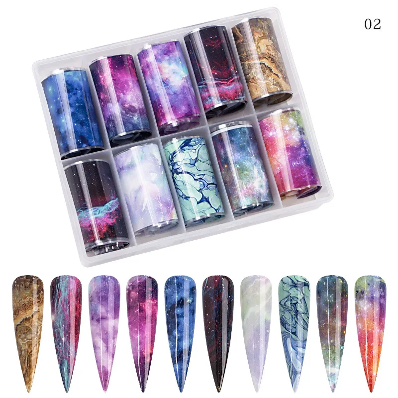 

New Nail Beauity Starry Sky Stickers 10 Types Mixed Transfer Paper Colorful Laser Nail Decals
