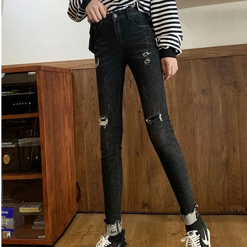 2019 черные женские эластичные джинсы для женщин размера плюс повседневные девять