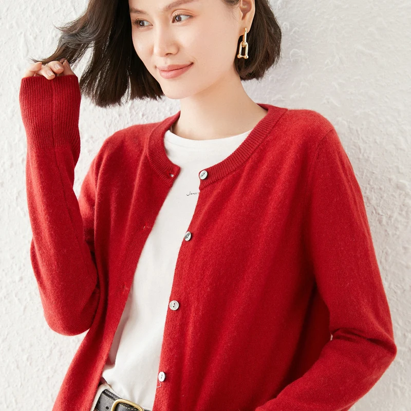 Женский кардиган из 100% чистой шерсти трикотажная рубашка пальто с круглым