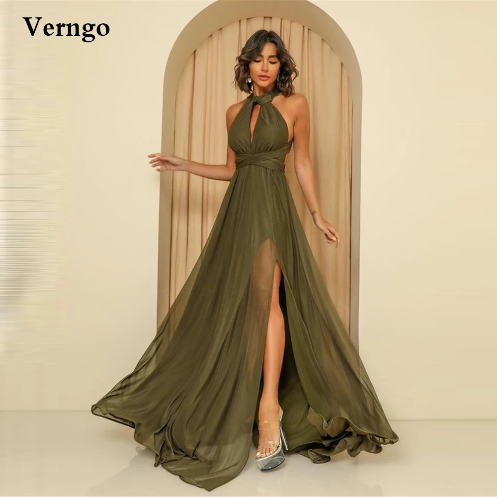 

Verngo 2021 Olive Green Chiffon Long Prom Dresses Jewel Neck Side Slit Criss Cross Simple Evening Gowns Women Formal Party Dress