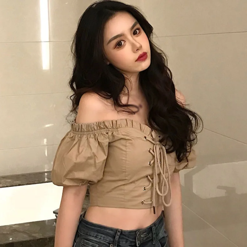 

Jlong Sexy Strapless Lace-up Blouses Slash Neck Puff Sleeve Short Female Blouse Ladies Sexy High Waist Shirt