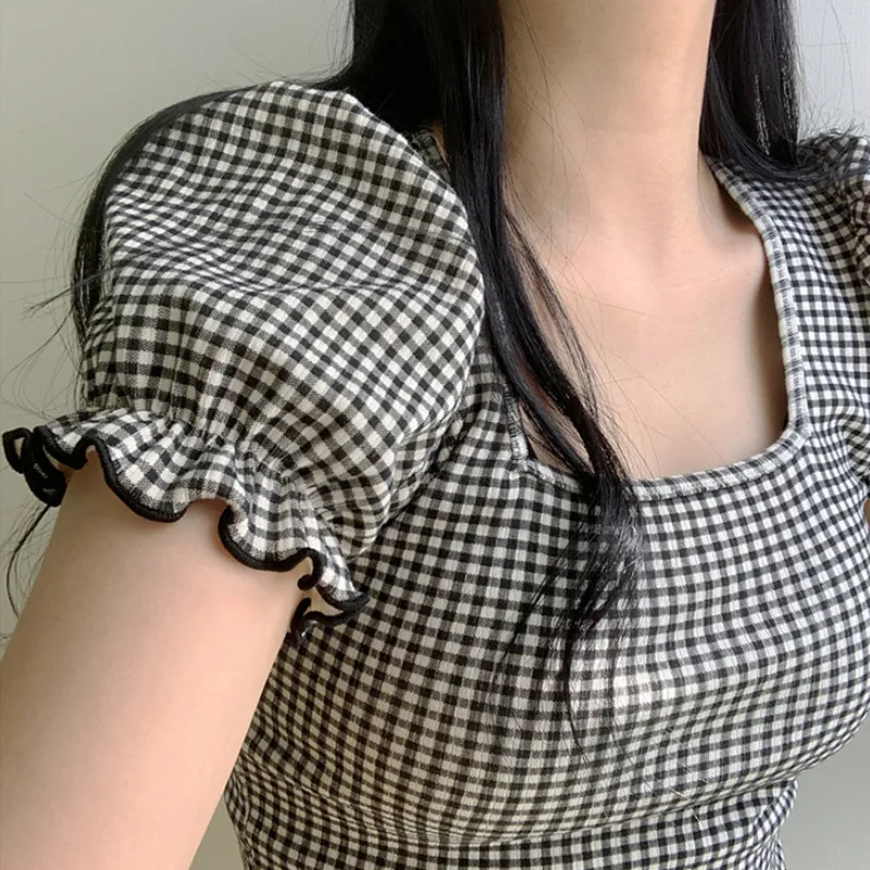 Женские клетчатые футболки корейские короткие топы с квадратным воротником и