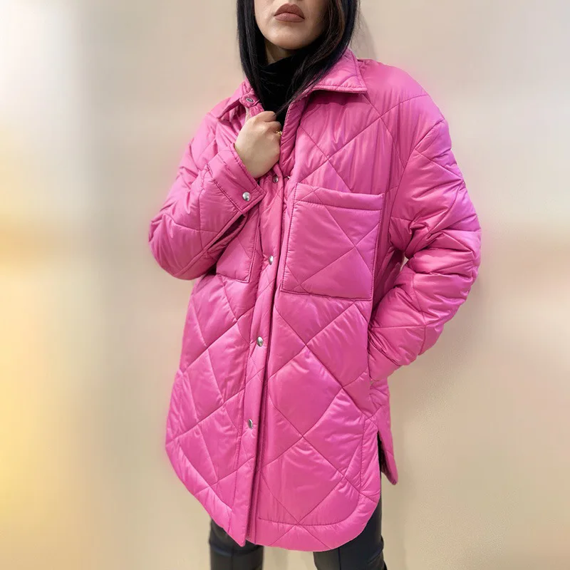 

Simple Front Buttons Parkas Women Fashion Argyle Coats Women Elegant Turn Down Collar Solid Cotton Jackets Female Ladies
