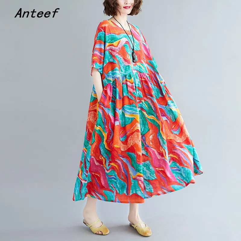 

short sleeve cotton vintage floral dresses for women casual loose long woman summer beach dress elegant clothes 2021