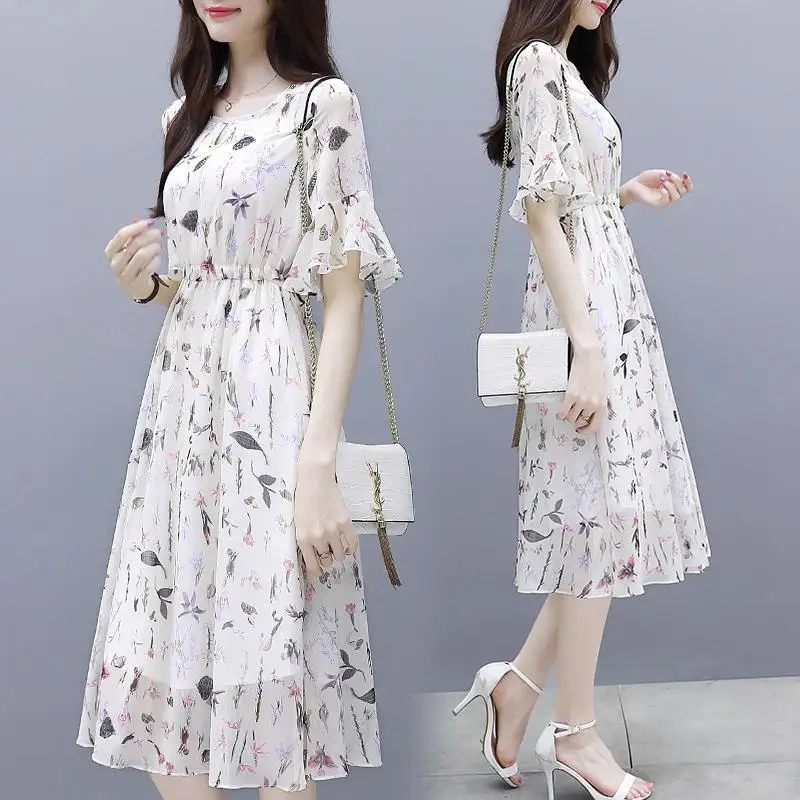 

Women's Spring Summer Style Chiffon Dress Women's Ruffles Printed O-neck Casual Short Sleeve Korean Style Dress SS1698