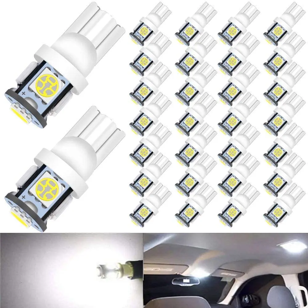 

30-Pack 194 T10 W5W 168 2825 158 501 5050 5 SMD White LED Bulbs for 12V Car RV Interior Dome Map Door Trunk License Plate Lights