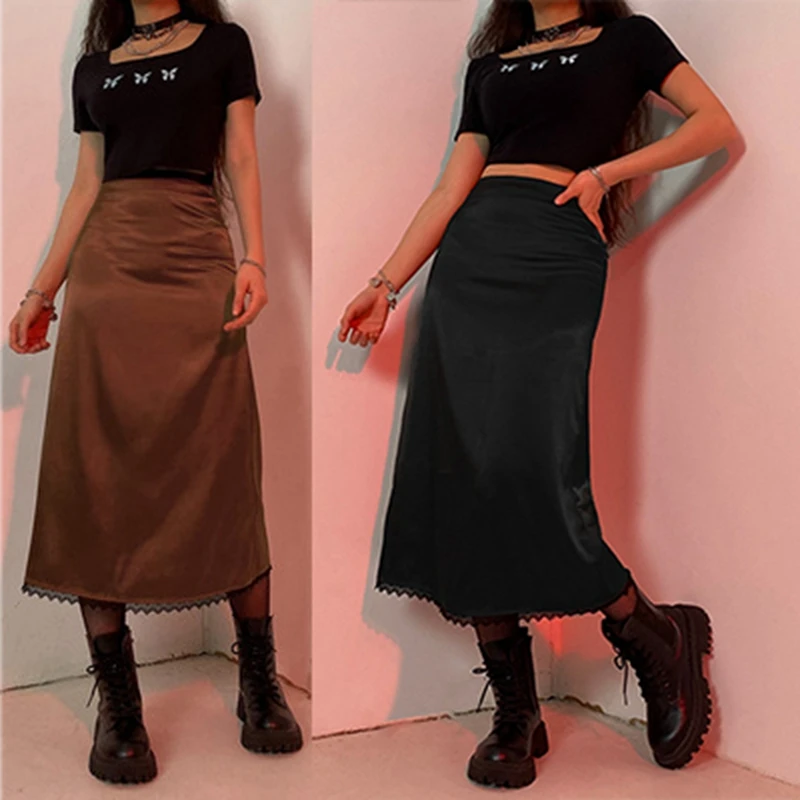 

Hot kf-Goth Aesthetic Skirt Women Lace Trim High Waist Girl Midi Skirts Punk Dark Gothic Clothes