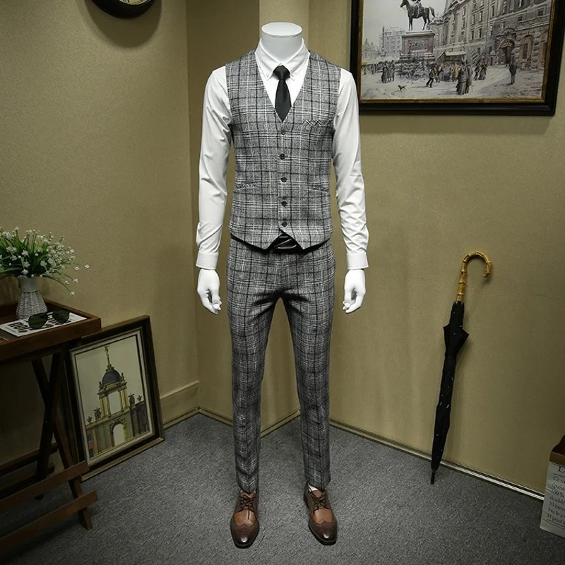 Formal British Grey Plaid Wool Blazer Suit Men Office Costume Homme Bridegroom Wedding Suits Jacket+Vest+Pants Woolen 3pcs Set | Мужская