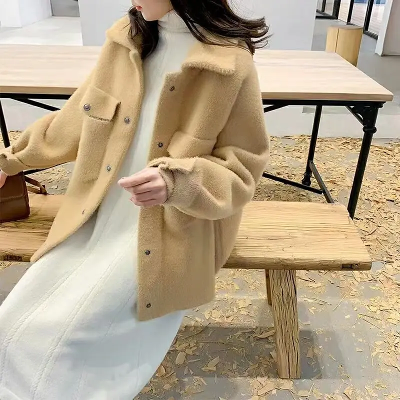 2021 Женский вязаный свитер кардиганы длинный рукав однобортный с карманами